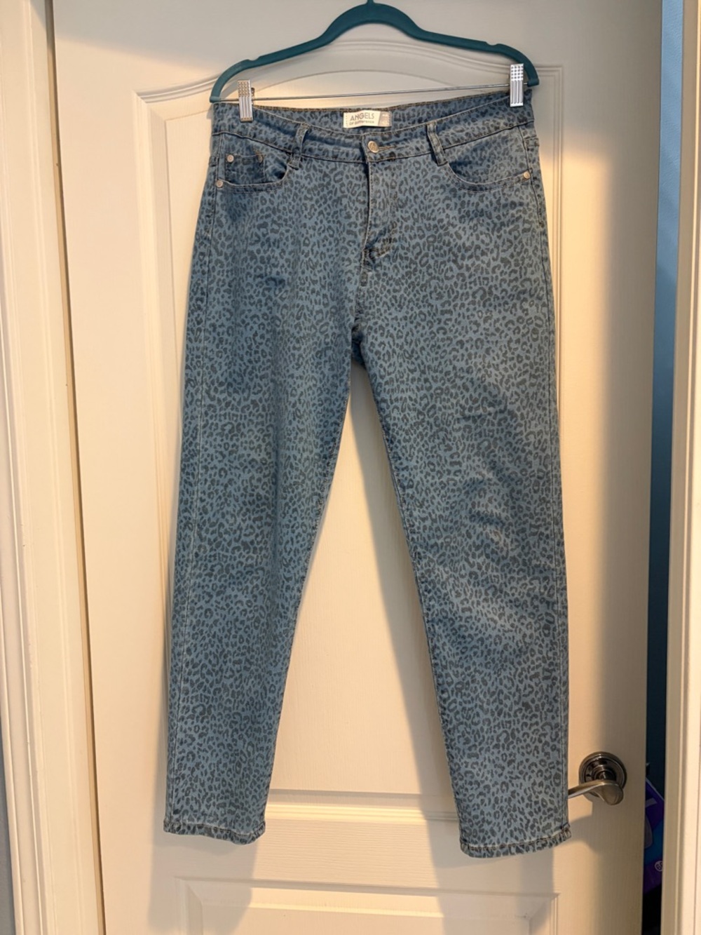 Angels Light Blue Leopard-Print Straight Leg Jeans